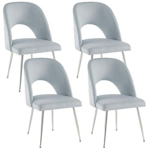Luxus Samt Esszimmerstuhl 4er Set Moderner Drehstuhl für Wohnzimmer Schlafzimmer Grau mit silbernen Beinen Metallstützbeine