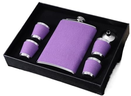 Juego de petaca portátil de 9 onzas con tazas, embudo, tenedor, cuchara, color morado para whisky, vodka, vino, botella de alcohol, regalo (juego con 4 tazas)