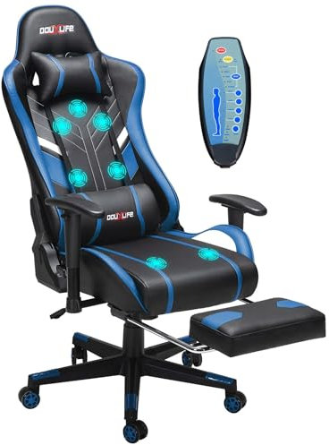 Douxlife Gaming Stuhl, mit 7 Punkt Massage, Fußstütze, Ergonomischer Bürostuhl, 90-175° Rückenlehne Einstellbar, Verstellbare 2D Armlehne, PC Gamer Stuhl Schreibtischstuh, 180KG, Schwarz Blau