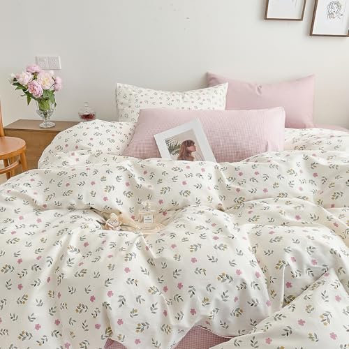 Nayoroom Blumen Bettwäsche 135x200 Baumwolle Weiß mit Rosa Blümchen Bettwäsche-Set mit Kissenbezug 80x80 cm Aesthetic Bunt Blumenmuster Bettbezug mit Reißverschluss