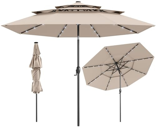 COSTWAY 3M 3-Tier Garden Parasol, Heavy Duty 8-Ribs Solar Patio Umbrella with 32 LED Lights, Crank Handle & Tilt Function, Outdoor UV Protective Canopy Sun Shade (Beige, no Ruffled Edge)