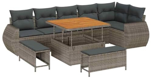 vidaXL Garten-Sofa-Set mit Kissen 9 pcs Grau 100 x 100 x 71 cm, Garten und Terrasse, modernes Outdoor-Möbelset, wetterfestes Sofa, Rattan-Loungewagen, abnehmbare Kissen für die Terrasse