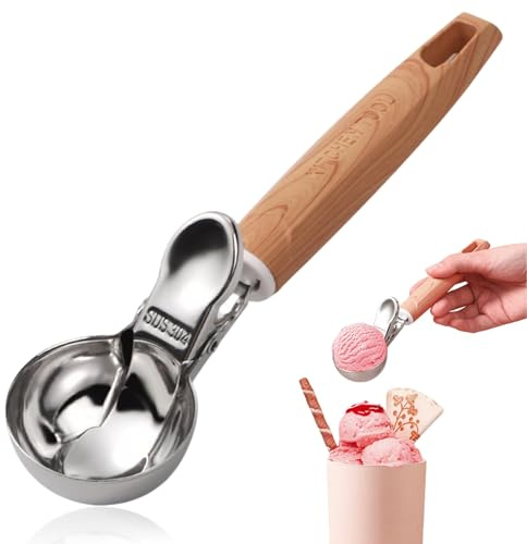 YRUHAN Cuillere a Glace, Cuillère à Glace en Acier Inoxydable, Cuillere Glace Boule avec Déclencheur, Facile à Démouler, Manche en Bois Riche en Texture, Idéale pour Réaliser des Boules de Glace