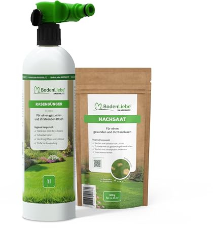 BodenLiebe Rasenretter Set RASENBLITZ 1 L Flüssigdünger | rette deinen Rasen schnell & einfach, mit Sprühflasche & 500g Nachsaat, sattes Grün in 1-2 Wochen, für 50-100 m²