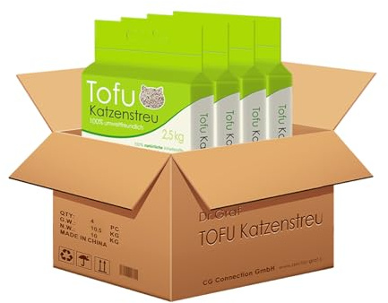 Dr. Graf Tofu Katzenstreu, 100% natürlich, Innovative Klumpstreu, geruchsfrei, komplett wasserlöslich， biologisch abbaubar, staubfrei，Extrem Saugfähig und schnell trocknend (4 * 2,5KG)