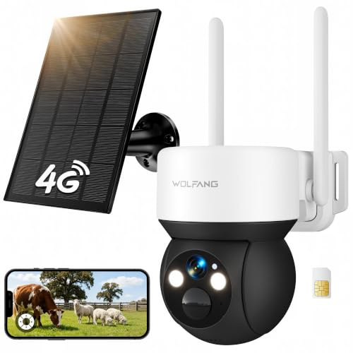 WOLFANG Telecamera Esterno 4G con SIM, Telecamera Senza WiFi, Pannello Solare, 2K HD, Visione Notturna con Faro, Audio Bidirezionale, PIR, Registrazione Locale, Scheda microSD 32 GB