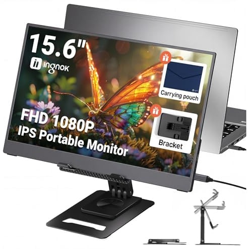 Ingnok Moniteur Portable 15,6 FHD IPS, Écran Portable avec Béquille | Écran secondaire portable ultra-fin avec haut-parleurs intégrés, USB-C/Mini-HDMI pour PC, MacBook, téléphone, Xbox et PS4/PS5