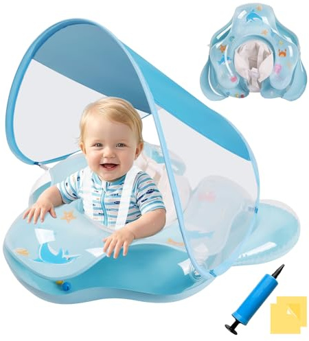 Ninonly Flotador Bebe con Sombrilla UV UPF 50+ Flotador Inflable para Bebe de Protección Solar Antivuelco Piscina Bebé con Asiento y Respaldo para Niños de 12 a 36 Meses(Azul Transparente)