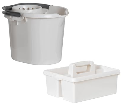 TENLITE 16L Mop Bucket with Wringer & Kitchen Tidy Storage Caddy Set – Durable Cleaning Bucket with Easy Pour Spout, Multipurpose Cleaning Supplies Organiser for Home, Office & Bathroom - (Snow White)