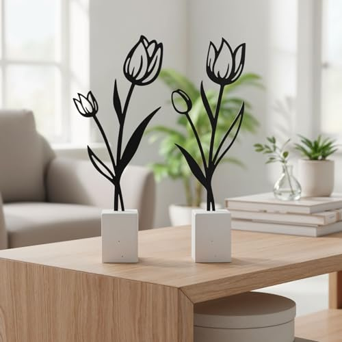 levandeo 2er Set Metall Blume Tulpe Schwarz Beton Grau Draht Deko Aufsteller Minimalistische Tischdeko Industrial Skandi Loft Dekoration