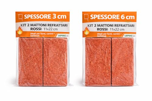 Kit 2 Mattoni Refrattari Rossi 11x22 cm – Spessore 3 cm o 6 cm – Ricambio/Costruzione per Forni, Camini e Barbecue – LEMAG SRL (3cm)