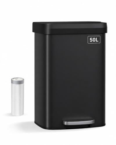 GarveeMore 50L Stainless Steel Kitchen Trash Can with Lid | Large Rustproof Garbage Can | Step-on Metal Trash Bin | with Inner Bucket | Rear Handle | Soft Close Lid