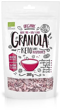 DIET-FOOD Keto Granola mit Himbeere Low Carb und Fettarm Glutenfreies Granola Frühstücksmüsli Non-GMO Snack Ohne Zuckerzusatz 200g 1er Pack