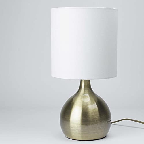 Licht-Erlebnisse Moderne Tischleuchte in Messing Optik, Stoffschirm, Touchdimmer, E14 max. 40W, Höhe 29cm Tischlampe Nachttischlampe