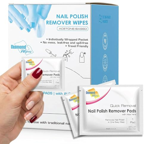 Diamond Wipes Acetone Nail Polish Remover Pads, 50 Individually Wrapped Aloe Vera Pre-Soaked Pads, One Wipe, Convenient Size for Travel