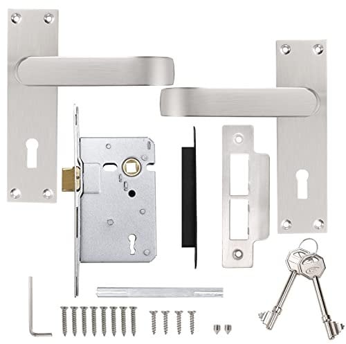 Probrico Elegant Brushed Nickel Door Handles with Lock and Key, Complete Door Handle Sets on Backplate 154mm X 40mm with 65mm Latch,for Internal or External Doors That Require Key Locking, 1 Pack
