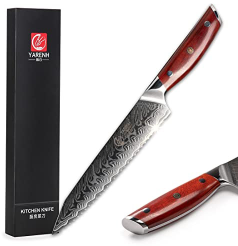 YARENH Couteau a Pain 20cm, Couteau Cuisine Dentelée,Couteaux à Pain en Acier Damas 67 Couches Avec Poignée en Bois, Couteaux de Cuisine Professionnels KTF-Série