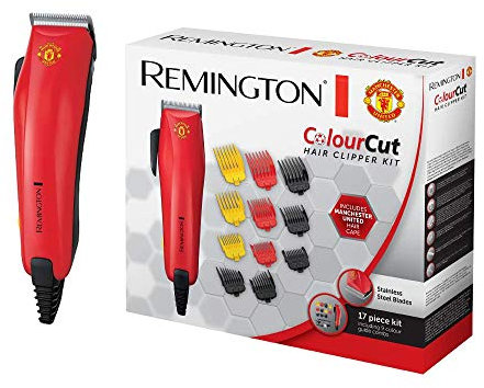 Remington Tondeuse Cheveux [Idéale Famille] ColorCut Manchester United (Utilisation Facile, Lames acier inoxydable Auto-Affûtées, 11 Sabots colorés 1,5-25mm, Accessoires pro) Tondeuse HC5038