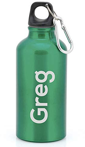 eBuyGB Personalised Any Name Lightweight Reusable Custom Engraved 400ml Aluminium Sports Water Bottle with Screw Cap & Carabiner (Green)