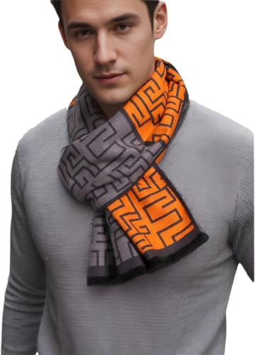 Prettystern Herren-Schal Seide Wendenschal Velour Fleece Schal Warm Weich Leicht - Grau Orange NQ01
