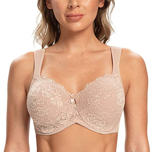 CASOLACE Mujeres Busto Completo Encaje Sexy Aros Sin Forro Sujetador Minimizer Beige-cordón 115F