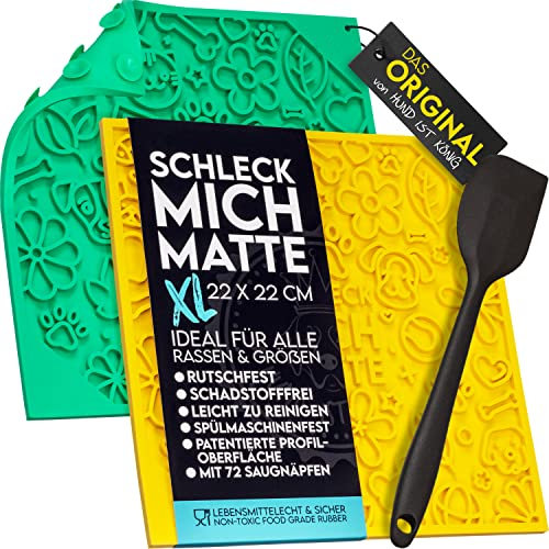 HUND IST KÖNIG Leckmatte Hund mit patentierter Struktur + Saugnäpfe, Schleckmatte Hund 22x22cm [2 Stück] inkl. Spatel + Rezepte-Ebook, Hunde Leckmatte lebensmittelecht & spülmaschinenfest