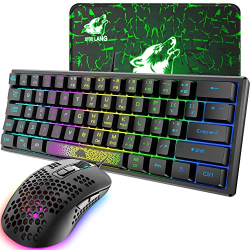 Tastiera e Mouse da Gioco RGB Layout QWERTY USB Cablato 60% 62 tasti Mini Gaming Keyboard Portatile 7 RGB LED backlit +2400 DPI Mouse ultraleggero Guscio a nido d'ape + Tappetino per mouse-Nero