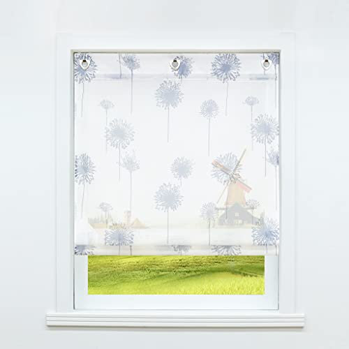CORLIF Raffrollo ohne Bohren Raffrollo mit Hakenaufhängung transparentes Ösenrollo mit Pusteblumen Druck Schals Fenster Gardine Weiß BxH 60x140cm 1 Stück