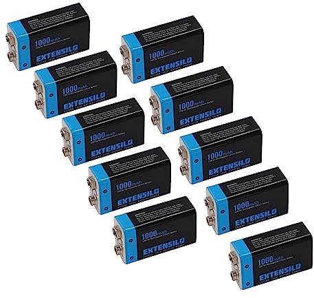 EXTENSILO 10x 9V-Akku Block für Diverse Geräte (1000mAh, 9V, Li-Ion), Ready-to-use, mit Micro USB Buchse