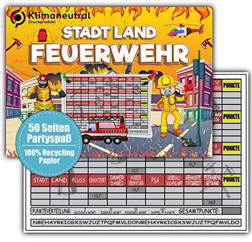 Stadt Land Feuerwehr Freiwillige Feuerwehrmann Geschenk Rätsel 50 Seiten DIN A4 Recycling Papier, mit Block