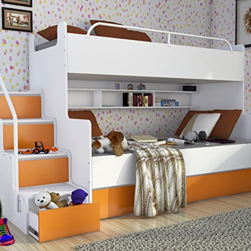 Marlux-Meble Hochbett Kinderbett JSM-3 mit Treppe 80x190 + 120x190 Matt Kinderbetten Funktionsbett Etagenbett Stockbett Kinderhochbett Jugendhochbett (Orange Matt)
