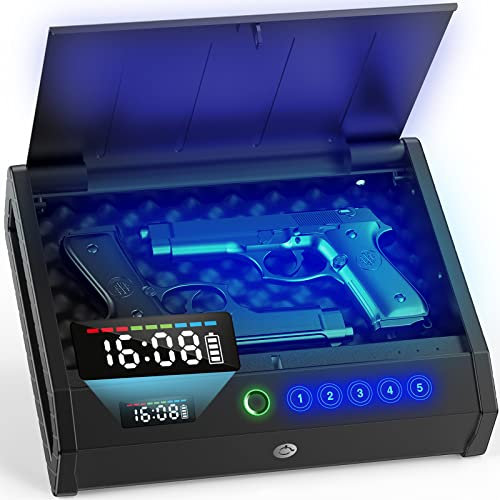 HOLEWOR Gun Safe, Biometric Pistol Safe with LCD Display of Time Battery, Fingerprint Quick Access Handgun Case Gun Lock Box for Bedside, Nightstand, Car