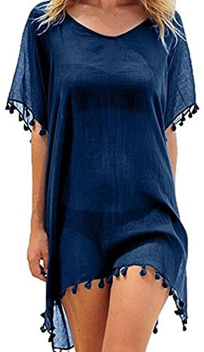 FFWTPY Damen Strandkleid, Chiffon Sommer Strandponcho, Badeanzug Bikini Cover-Ups mit Quasten, Boho Strandtunika, Transparent Strandurlaub Badeanzug, Bikini Beachwear (marineblau)
