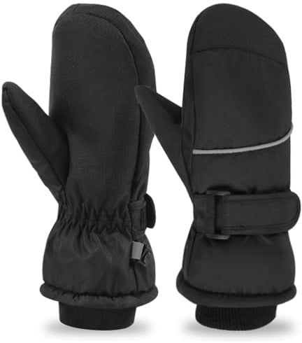 Azarxis Kinder Skihandschuhe, Winddichte Wasserdicht Handschuhe, Warme Fausthandschuhe für Kinder 3-12 Jahre (A - Schwarz, S (7-9 Jahre))