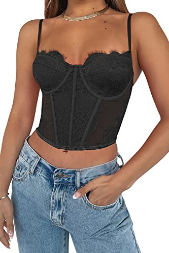 Dealmore Women's Corset Crop Top - Lace Spaghetti Strap Bustier Cami - Y2K Mesh Date Night Party Top - Black, X-Small