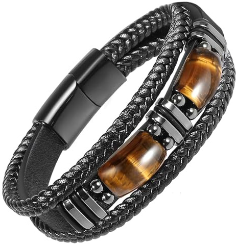 Enjoy Risingsun Tiger Eye Black Leather Bracelet Men Natural Tiger Eye Gemstone Crystal Stone Jewelry Handmade Courage And Stress Relief Protection Bracelet