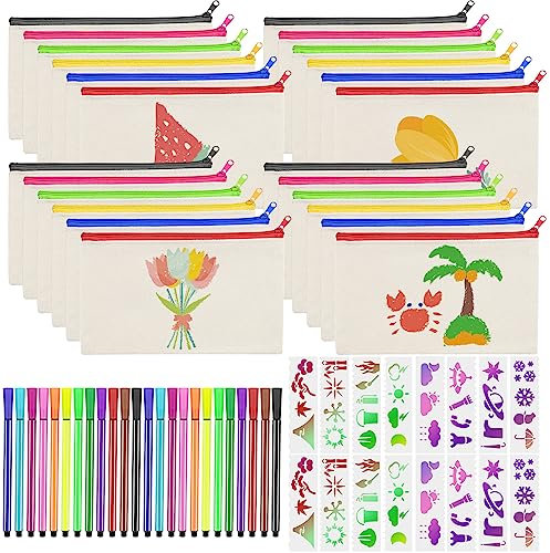 24 Stück 21 * 12cm DIY Blanko Stoffbeutel, Kinder Stoff Federmäppchen mit 24 Farbigen Stiften und 16 Zeichenvorlagen, Stoffbeutel zum Bemalen für Reisen Make Up Taschen, Aufbewahrung Schreibwaren