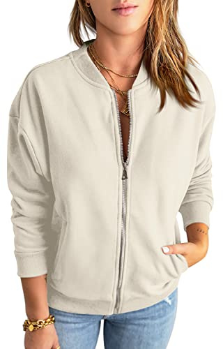 GeGekoko Zip Sweatshirt Damen übergroße Jacket Sweatshirt Einfarbige Loose Langarm Tops Oberteile mit Tasche,Beige grau,M