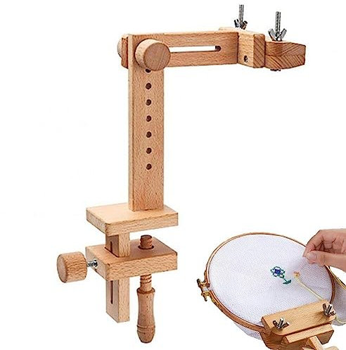 360 Degree Rotation Embroidery Stand on Table- Adjustable Embroidery Hoop Stand Clamp,Rotated Beech Wood Hoop Holder Desktop Cross Stitch Seat Frame for Needlework Sewing Projects