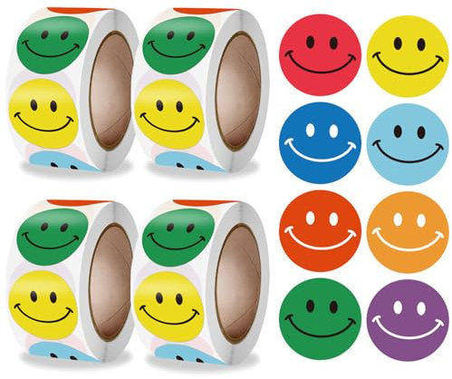 4 Rollen 2000 Stück Smiley Aufkleber - Emoji Smiley Sticker, 8 Farben Runde 2,5cm, Lehrer Belohnungssticker für Belohnungsaufkleber, Geschenkdekorationen, Partydekorationen