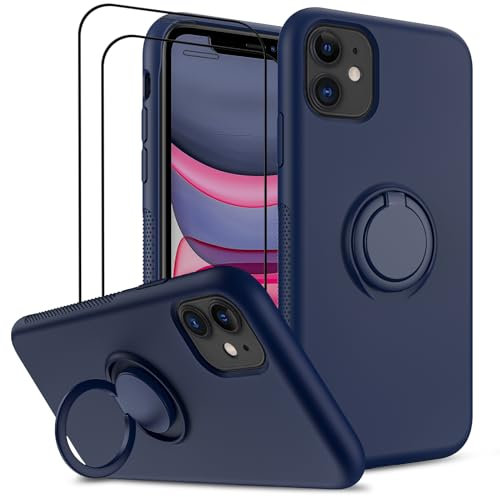 LeYi Silicone Case for iPhone 11 6.1 with 2 Tempered Glass Screen Protectors Ring Holder Liquid Soft TPU Shockproof Back Phone Cover for iPhone 11 Blue