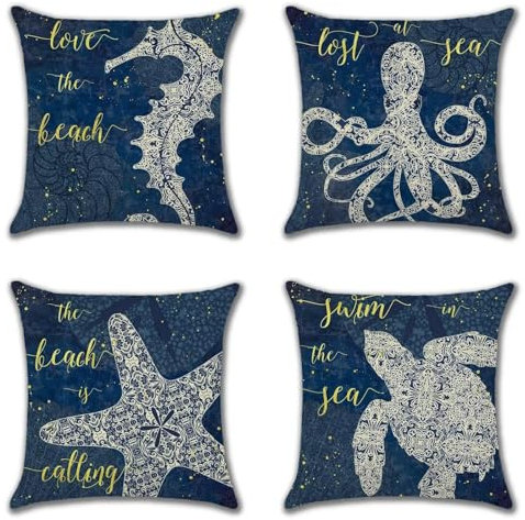 Foyaya Kissenbezug 50x50cm 4er-Set, Marineblauer Oktopus Kissenbezüge, Dekokissen Extra groß, Pillowcases Outdoor Sofa Kissen für Gartenlounge Wohnzimmer Schlafzimmer YG-633