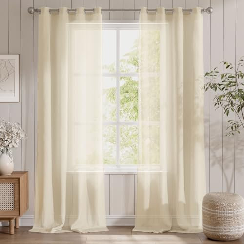 TOPICK Beige Leinenoptik Stores Gardinen mit Ösen Extra Lange Gardinen für Küche Wohnzimmer Schlafzimmer Fenster Vorhänge Transparent Durchsichtig Voile Landhausstil Modern 2er Set 280H x 140B (cm)