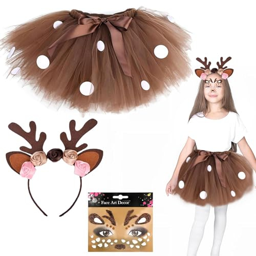 Meanju Rentier Kostüm,Leoparden Tierkostüm,Tutu Rock,Haarreif mit Ohren,Gesicht Kunst Aufkleber,Kostüm Accessoires für Halloween Karneval Geburtstag Cosplay,Weihnachten Party
