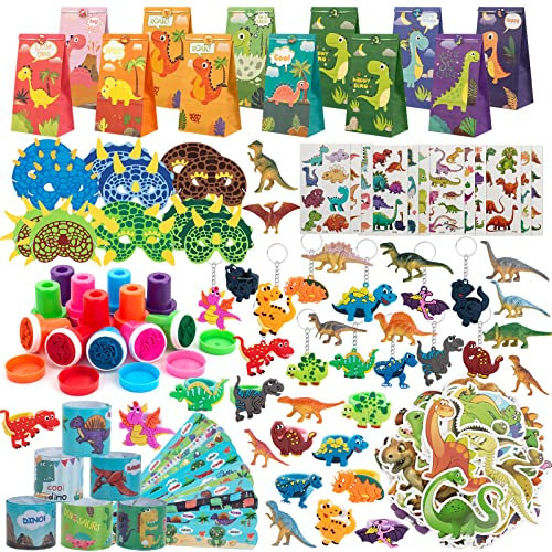OWANVION 146pcs Dinosaurier Party Mitgebsel Kindergeburtstag, Kindergeburtstag Mitgebsel set,Give Aways Kindergeburtstag Jungen mit Dino Schlüsselanhänger Schnapparmband Geschenktüte Mini Dinos