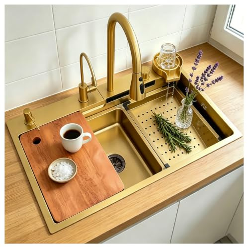 DSMRLEOP Gold Küchenspüle Wasserfall, Bar Spüle, 304 Edelstahlspüle, Haushaltsspüle Set, integrierte Spüle mit abnehmbarem Wasserhahn, Drop-in oder Undermount Installation (Color : Gold, S : 75x45cm