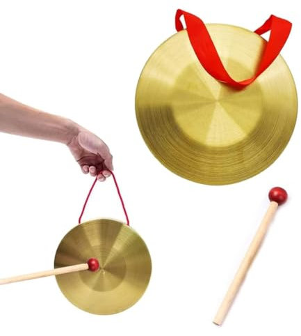 MenYiYDS 1 Pcs 12 cm großes Messing-Handgong-Becken, tragbares Gong-Blechblasinstrument mit 15 cm rundem Spielhammer für Perkussion, Kirchenoper, Orchester