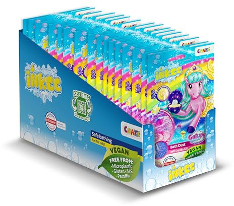 INKEE Galupy Mermaid Badestaub 16er Pack | Knisterndes Badesalz Kinder in pink, blau und lila mit Jojobaöl & Bananenmilch-Shake-Aroma, 16x 60g Beuteln – Badespaß für Kinder