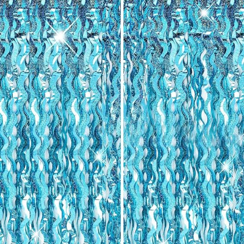 Light Blue Foil Fringe Tinsel Backdrop Glitter,2P 3.2 x 6.5ft Blue Foil Curtain Decor,Wavy Metallic Tinsel Foil Fringe Curtain for Mermaid Birthday Baby Shower Mama Mia Bachelorette Blue Frozen Party