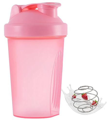 Shunshi Protein Shaker Bottle 400ml with Stainless Steel Mixing Ball, Mini Water Bottle for Protein Shakes -Leak-proof Flip On Lid& BPA Free & Easy to Grip & Temperature Safe(Pink)